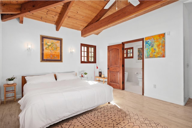 bedroom featuring vaulted ceiling with beams, ensuite bathroom, wooden ceiling, wood finished floors, and baseboards