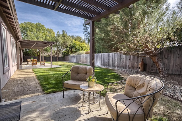 view of patio featuring a fenced backyard and a pergola