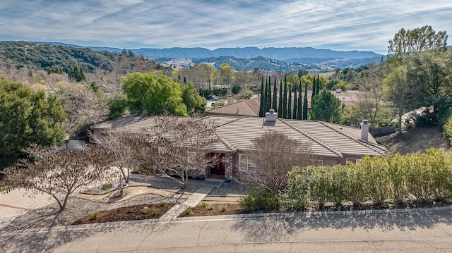 birds eye view of property featuring a mountain view