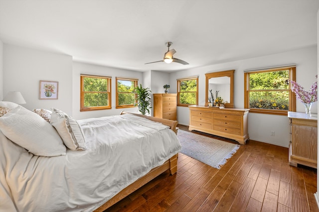 bedroom featuring a ceiling fan, baseboards, multiple windows, and hardwood / wood-style floors