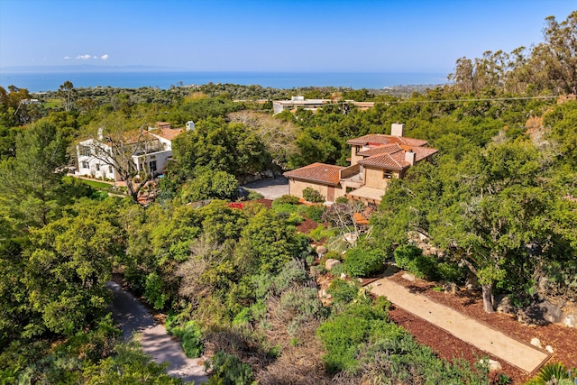 drone / aerial view with a wooded view