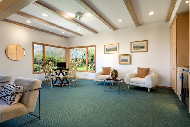 interior space featuring wine cooler, recessed lighting, carpet flooring, baseboards, and beamed ceiling