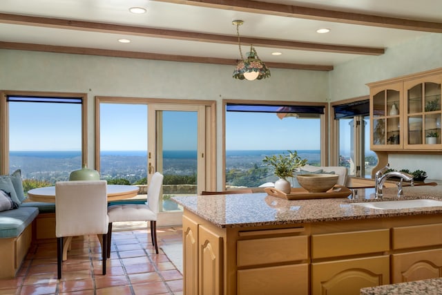 kitchen with glass insert cabinets, a healthy amount of sunlight, a sink, and beamed ceiling