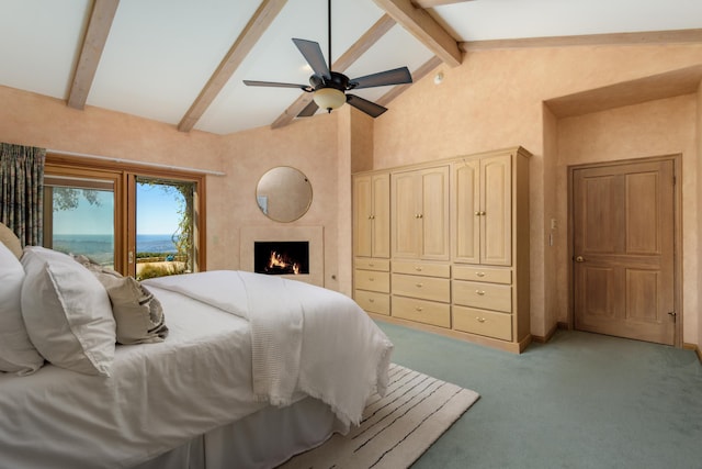 bedroom featuring light carpet, ceiling fan, a lit fireplace, high vaulted ceiling, and beam ceiling