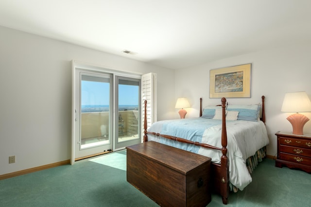 carpeted bedroom with access to exterior, visible vents, and baseboards