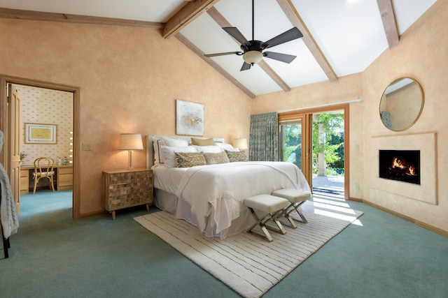 carpeted bedroom featuring a fireplace, high vaulted ceiling, access to outside, beamed ceiling, and baseboards