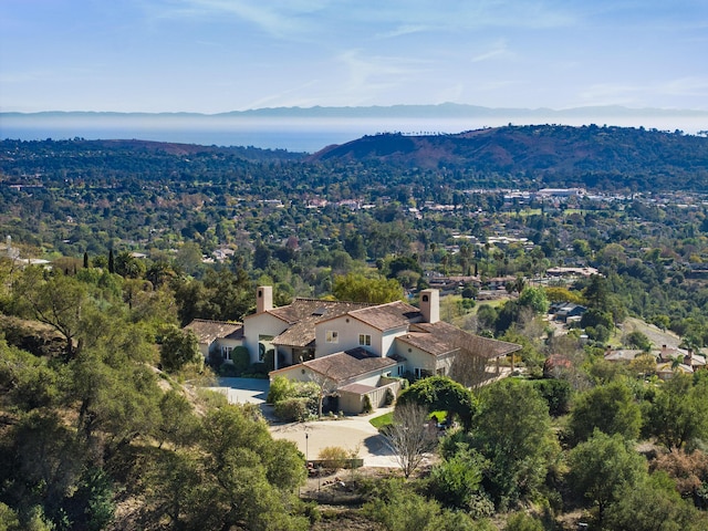 drone / aerial view featuring a mountain view and a view of trees