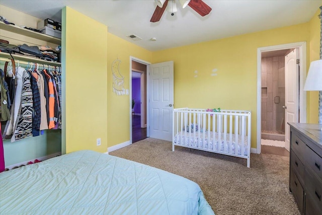 bedroom with carpet, a closet, visible vents, a ceiling fan, and baseboards