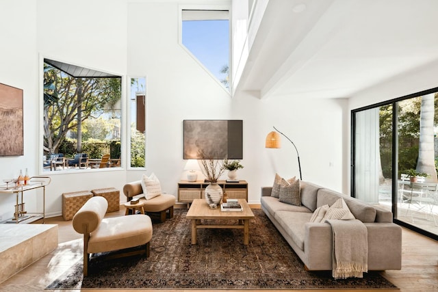 living area featuring a towering ceiling and wood finished floors