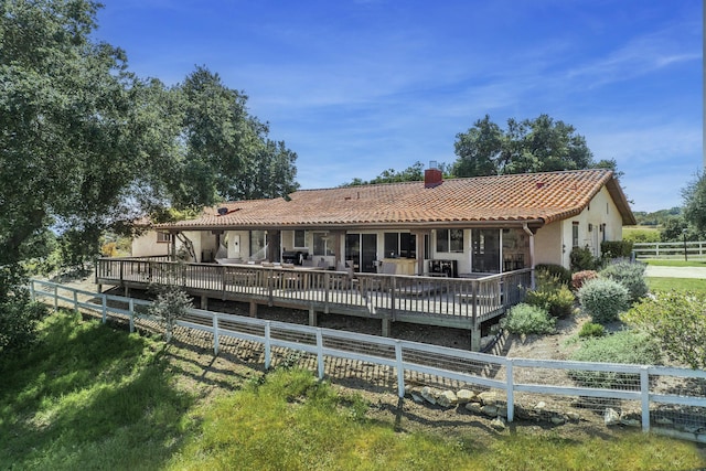 3776 Live Oak Rd, Santa Ynez, CA 93460 - back of property featuring fence, a chimney, stucco siding, and a tile roof