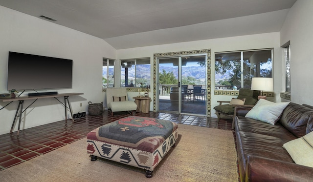 3776 Live Oak Rd, Santa Ynez, CA 93460 - tiled living room with visible vents and vaulted ceiling