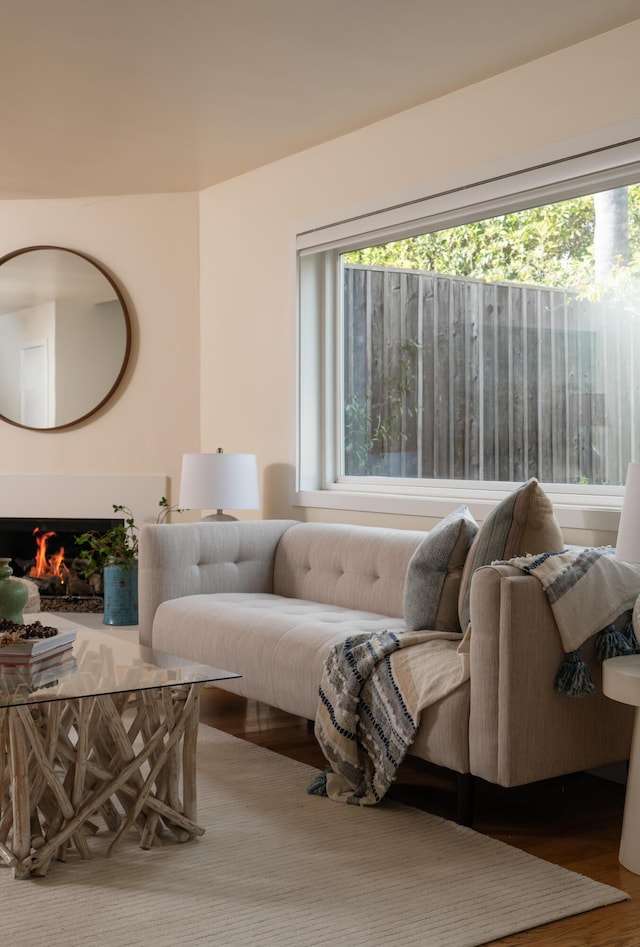 living area featuring a warm lit fireplace and wood finished floors