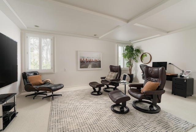 living area with baseboards, coffered ceiling, and carpet flooring