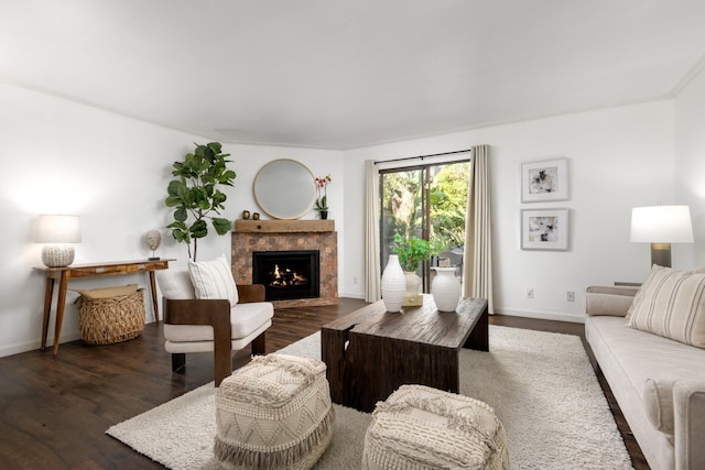 living area featuring a fireplace with flush hearth, baseboards, and wood finished floors