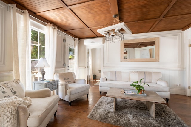 interior space with a chandelier, an AC wall unit, and wood ceiling