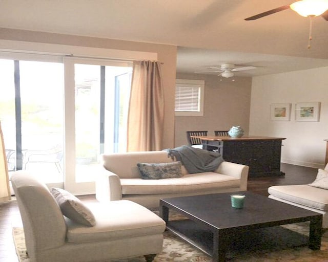 living area featuring ceiling fan and wood finished floors