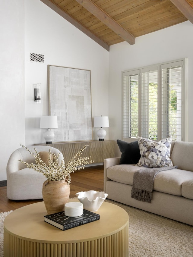 living room featuring wood finished floors, visible vents, lofted ceiling with beams, and wooden ceiling