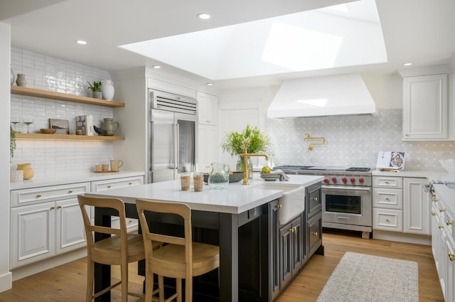kitchen featuring tasteful backsplash, custom exhaust hood, high quality appliances, light countertops, and a sink