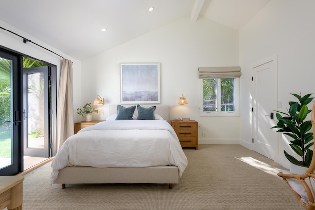bedroom with beamed ceiling, light colored carpet, access to exterior, baseboards, and high vaulted ceiling
