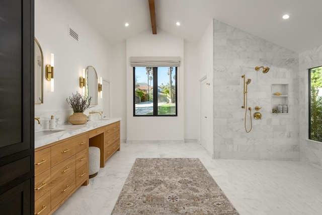 bathroom featuring a tile shower, double vanity, lofted ceiling with beams, recessed lighting, and marble finish floor