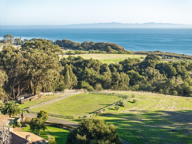 aerial view featuring a rural view and a water view