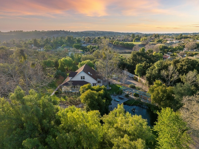 birds eye view of property featuring a view of trees