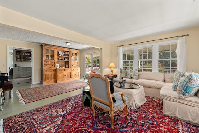 living room with french doors and wood finished floors