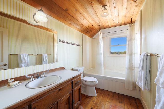 bathroom featuring vanity, vaulted ceiling, wood ceiling, wood-type flooring, and toilet