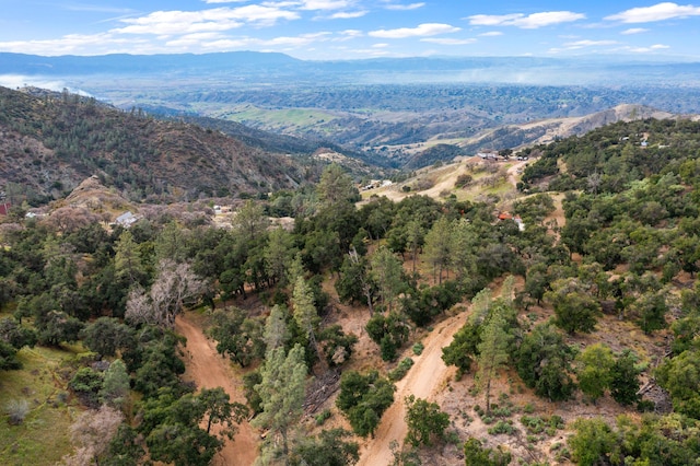 aerial view with a mountain view and a wooded view