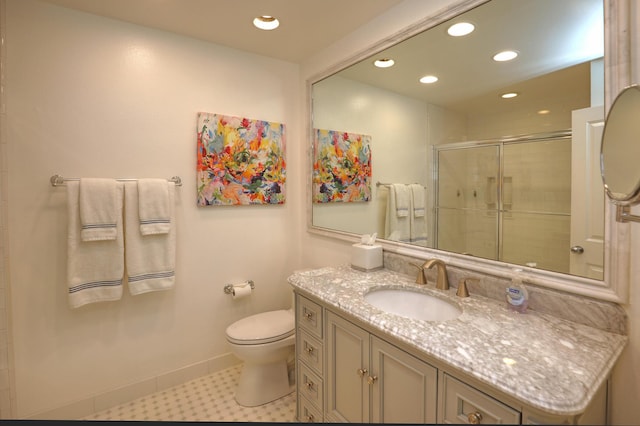 bathroom with recessed lighting, a shower stall, toilet, and baseboards