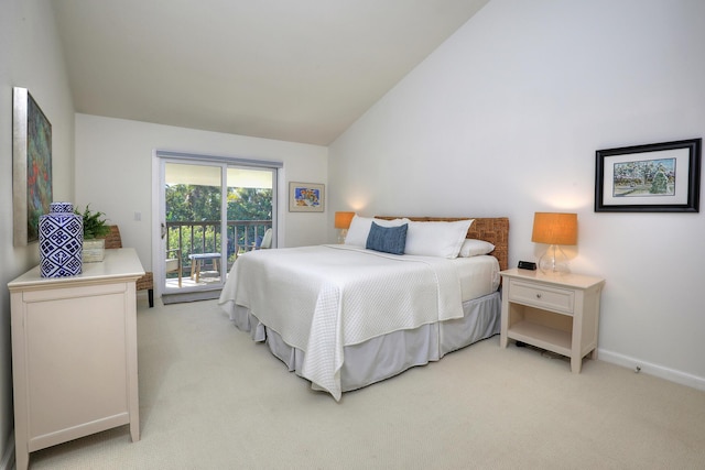 bedroom with lofted ceiling, access to outside, baseboards, and light carpet