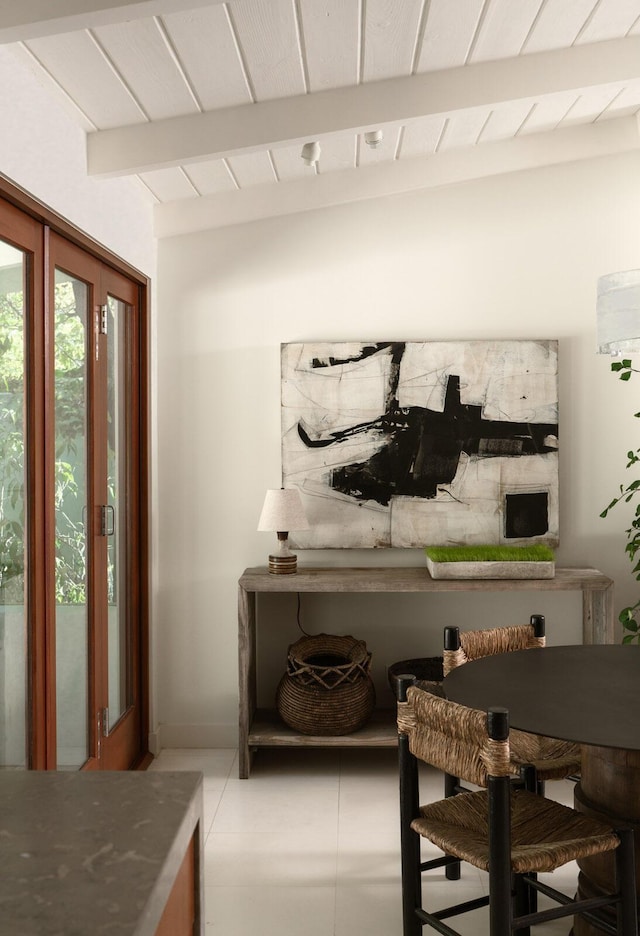 interior space featuring beamed ceiling and wooden ceiling