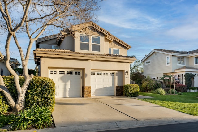 view of front of home with driveway, an attached garage, stucco siding, stone siding, and a tile roof