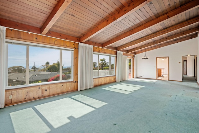 unfurnished sunroom with a notable chandelier, wood ceiling, and lofted ceiling with beams