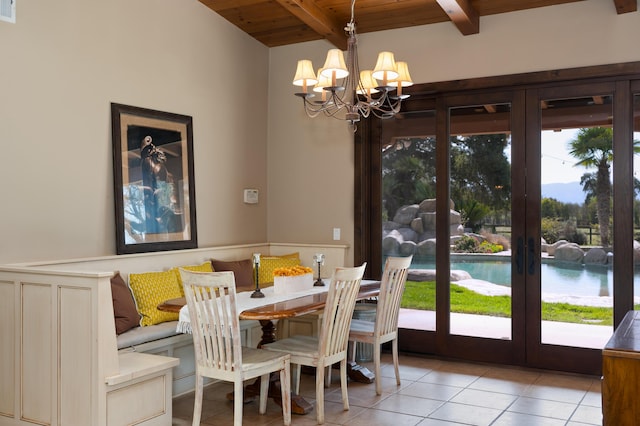 dining area featuring light tile patterned floors, wooden ceiling, french doors, beamed ceiling, and an inviting chandelier