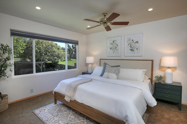 carpeted bedroom with recessed lighting, baseboards, and ceiling fan