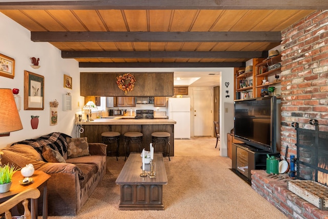 living room featuring wooden ceiling, light colored carpet, and beamed ceiling