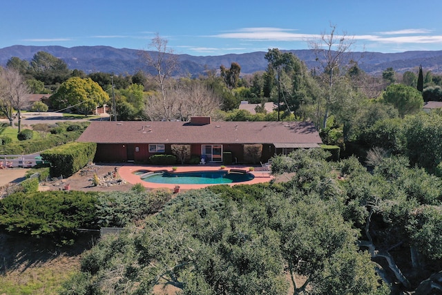 back of house featuring a patio area, a mountain view, and an outdoor pool