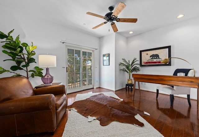 office space with baseboards, ceiling fan, wood-type flooring, and recessed lighting