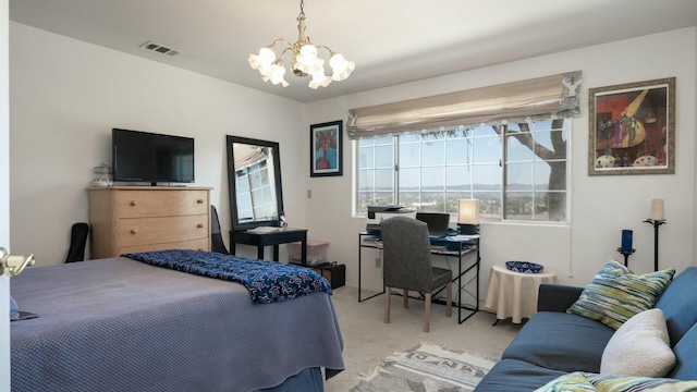 bedroom featuring visible vents, carpet floors, and a chandelier