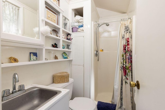 full bath with a sink, toilet, and a stall shower