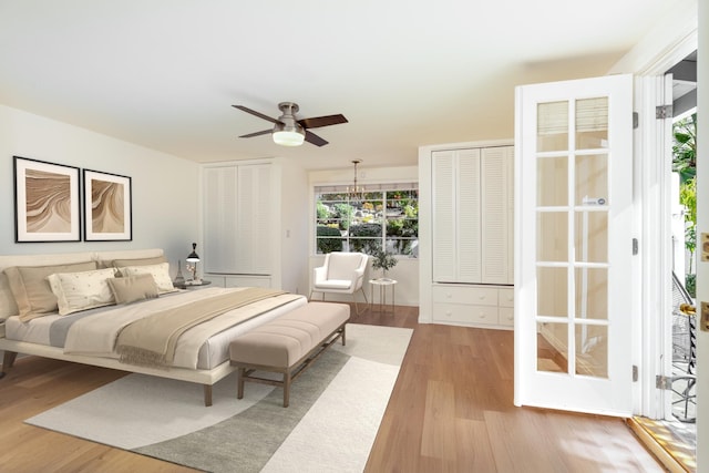 bedroom featuring a ceiling fan and wood finished floors