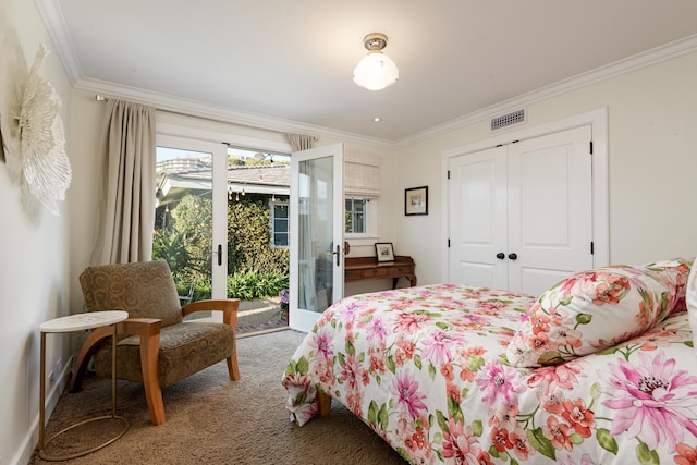 bedroom with crown molding, access to outside, visible vents, and carpet floors