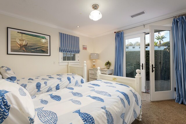 bedroom with crown molding, french doors, and visible vents