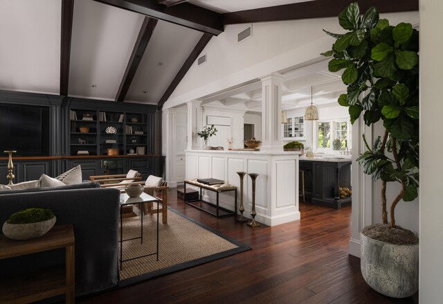 2760 Sycamore Canyon Rd, Santa Barbara, CA 93108 - living room featuring visible vents, vaulted ceiling with beams, ornate columns, and dark wood-style floors