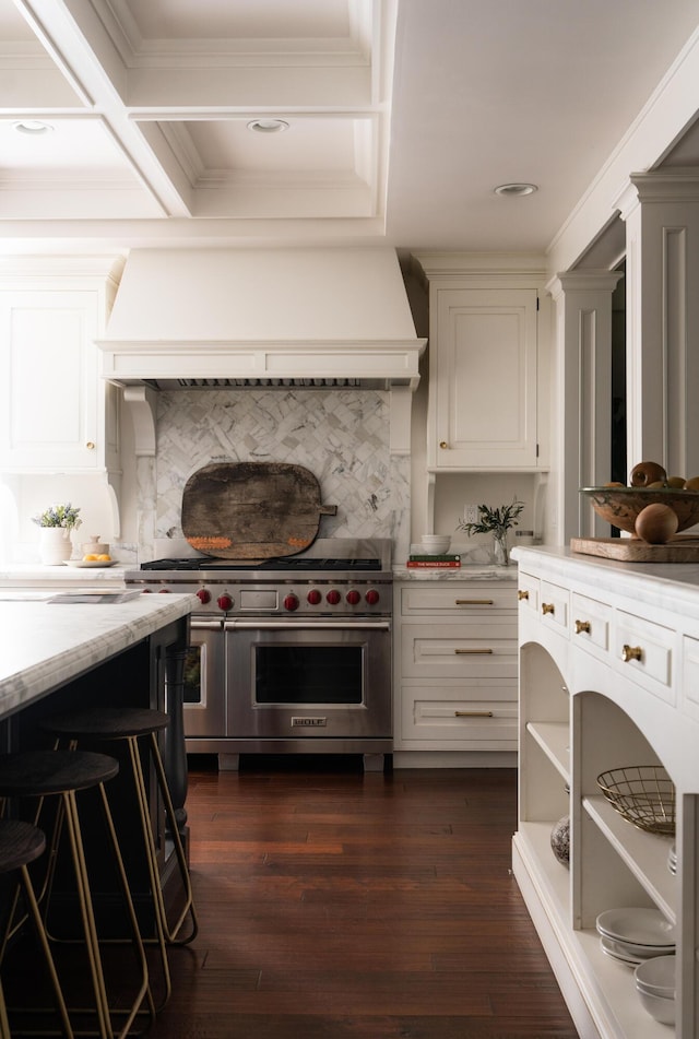 2760 Sycamore Canyon Rd, Santa Barbara, CA 93108 - kitchen featuring dark wood-type flooring, premium range, decorative backsplash, and custom range hood