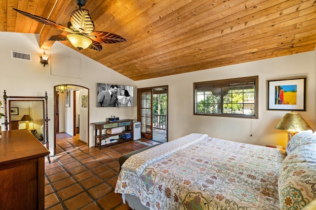 bedroom featuring visible vents, arched walkways, wood ceiling, and vaulted ceiling with beams