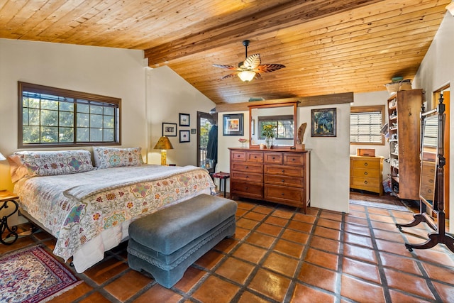 bedroom featuring multiple windows, wood ceiling, and lofted ceiling