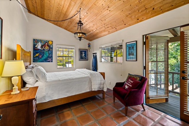 bedroom featuring lofted ceiling, wood ceiling, and a chandelier