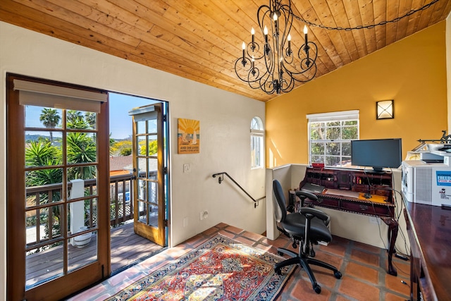 office featuring a chandelier, wood ceiling, and vaulted ceiling